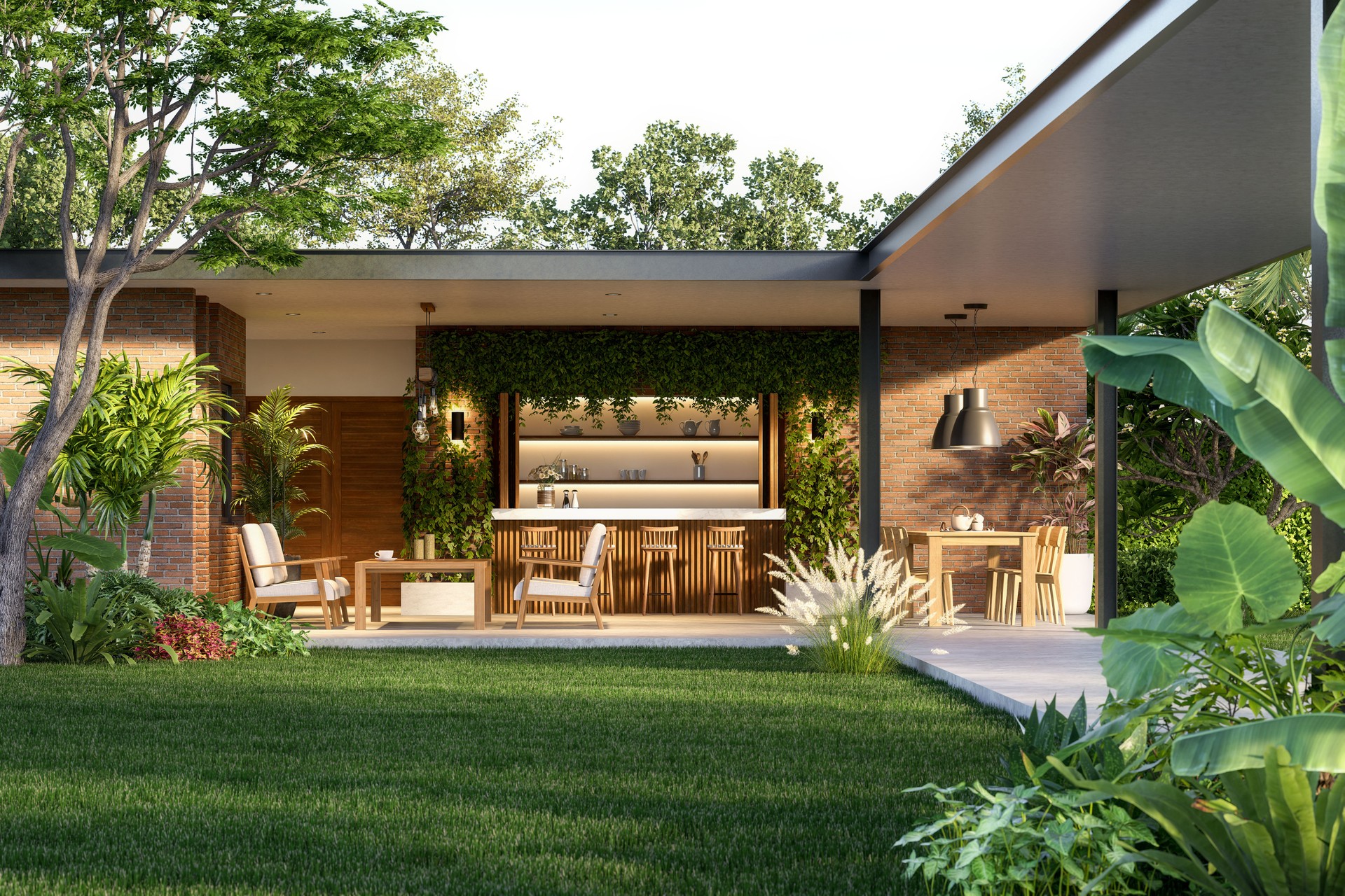 Modern contemporary loft style house with green lawn 3d render
